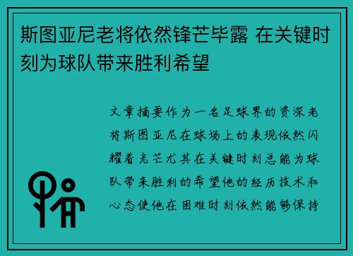 斯图亚尼老将依然锋芒毕露 在关键时刻为球队带来胜利希望 斯图亚尼老将依然锋芒毕露 在关键时刻为球队带来胜利希望
