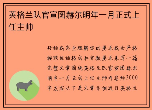 英格兰队官宣图赫尔明年一月正式上任主帅 英格兰队官宣图赫尔明年一月正式上任主帅
